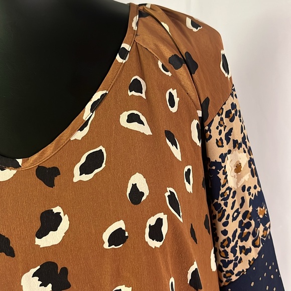 Hailey & Co. Navy Brown & Beige Mixed Print V-Neck Babydoll Blouse - Picture 6 of 16